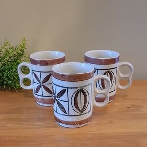VINTAGE Mid Century Modern Ceramic Handpainted Mugs, Set Of 3